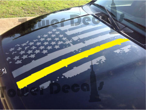 Distressed American Flag Thin Yellow Line Hood Decal Army, Fits Jeeps and Trucks