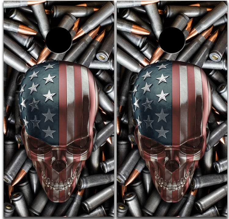 Bullets and Skull Red, White, & Blue Cornhole Board Wrap Vinyl