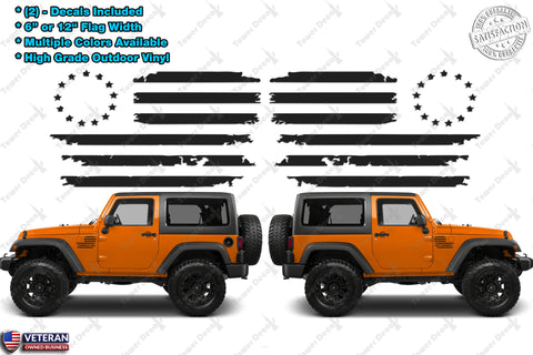 (2) US Flag Vinyl Decals fits: Jeep Wrangler Distressed Grunge American USA hood