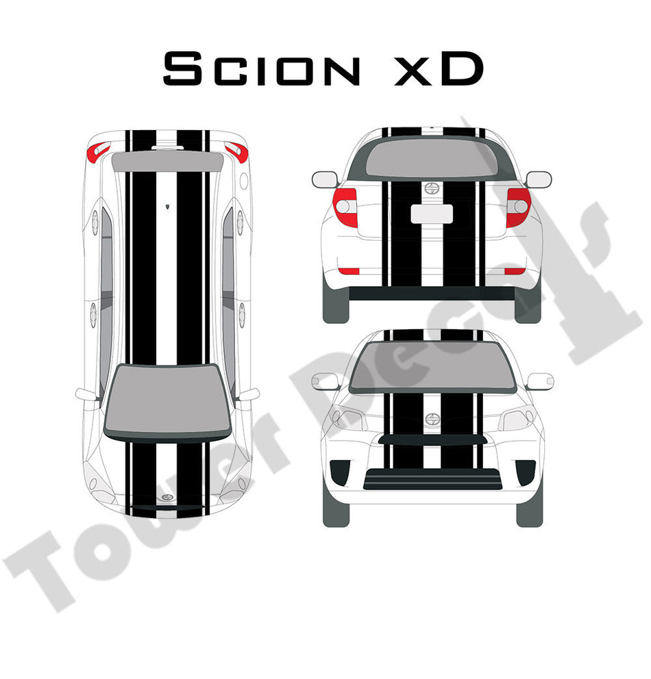 6-9" Dual Rally Racing Stripe with Pin Stripe Cast Vinyl Decal Fits Scion XD