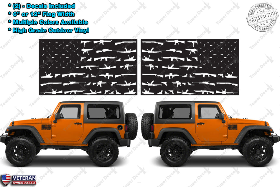 (2) 6 or 12" Guns American Flag Window Door Fender Vinyl Decals Old Glory USA Fits: Jeep 0105