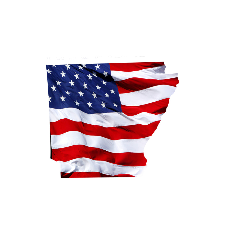 Arkansas Waving USA American Flag. Patriotic Vinyl Sticker