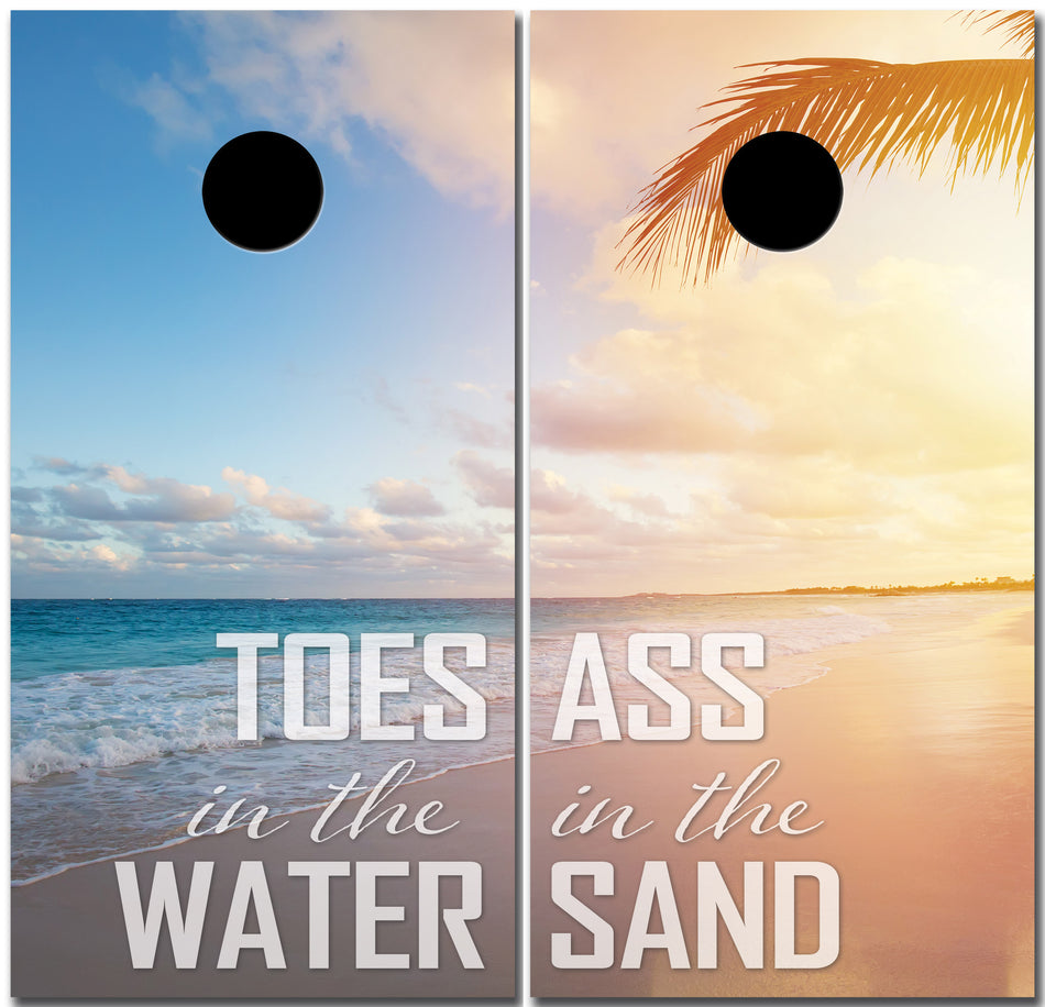 Toes in the water Ass in the Sand Beach Scene Custom Cornhole Vinyl Wrap