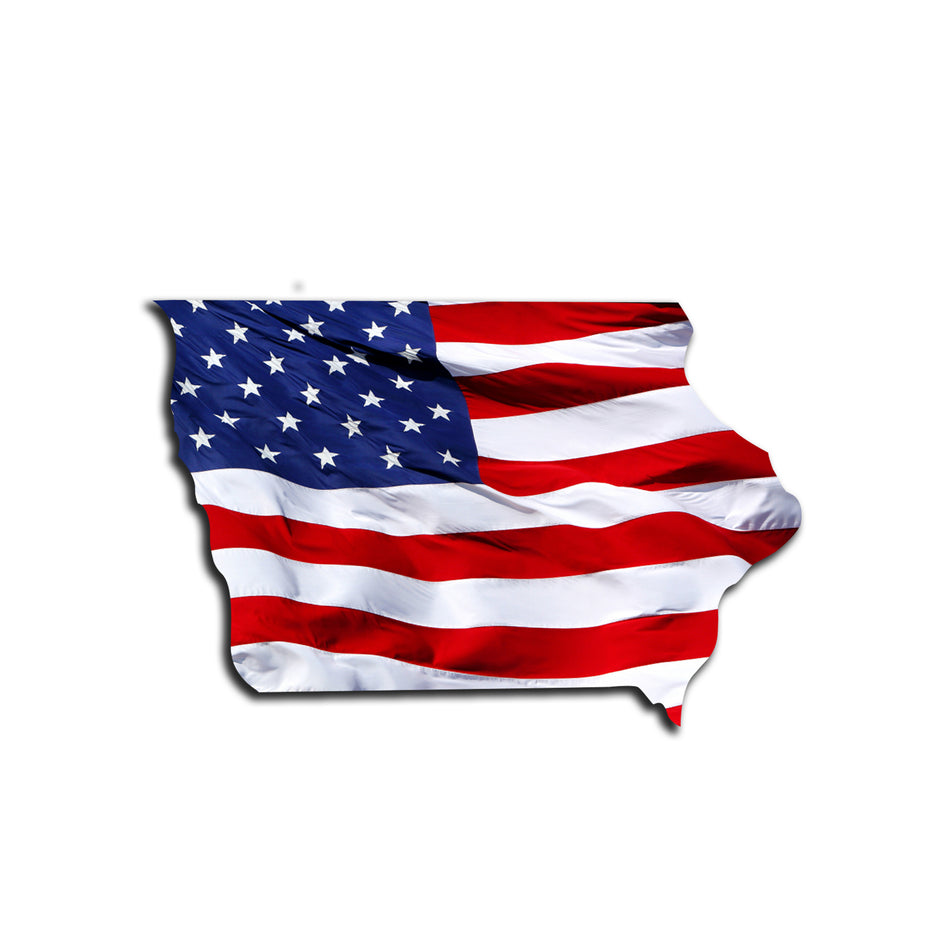 Iowa Waving USA American Flag. Patriotic Vinyl Sticker