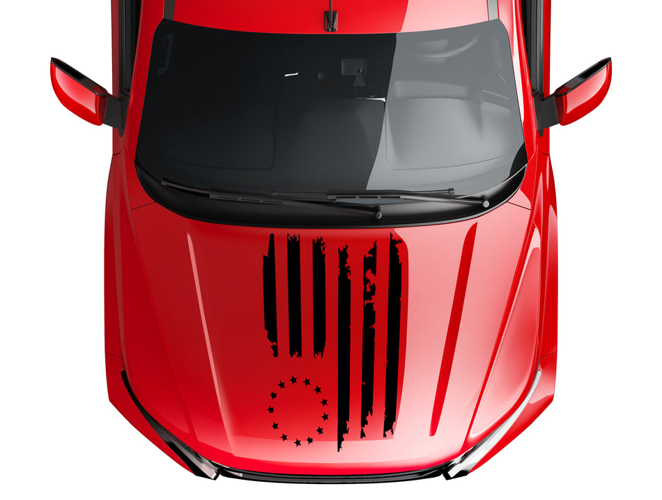 (1) US Flag Distressed 13 stars USA Vinyl Hood Decal fits Jeep Wrangler TJ JK LJ 0315