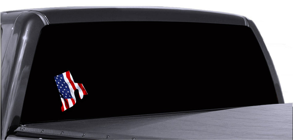 Rhode Island Waving USA American Flag. Patriotic Vinyl Sticker