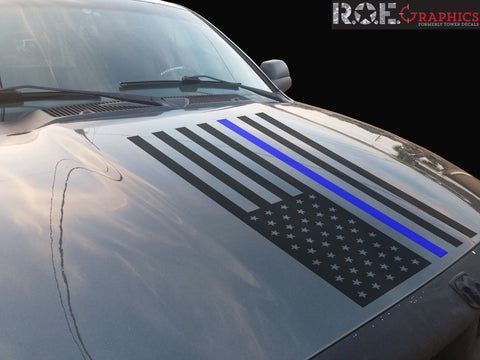 Thin Blue Line American Flag hood vinyl decal firefighter fits: Dodge Ram Chevy Ford Toyota Nissan-0067