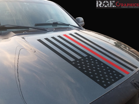 Thin Red Line American Flag hood vinyl decal firefighter fits: Dodge Ram Chevy Ford Toyota Nissan-0068