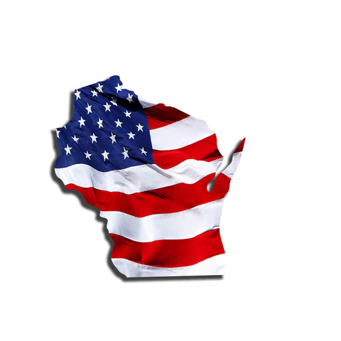 Wisconsin Waving USA American Flag. Patriotic Vinyl Sticker