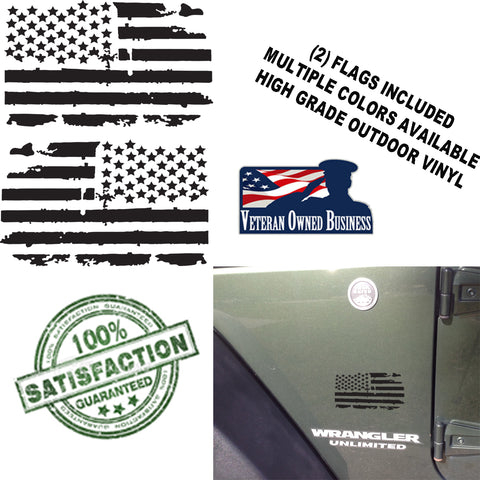 (2) US Flag Vinyl Decals fits Jeep wrangler Distressed Grunge American USA hood