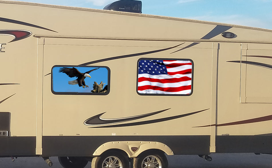 Waving American Flag Universal RV Camper or 5th Wheel Window 50/50 Perforated Vinyl Decal