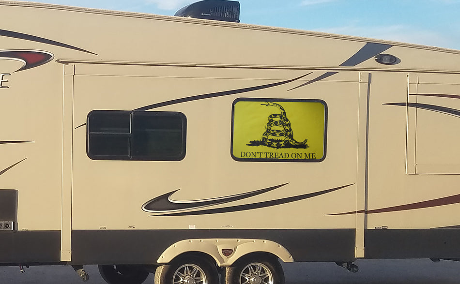Gadsden Flag Universal RV Camper or 5th Wheel Window 50/50 Perforated Vinyl Decal