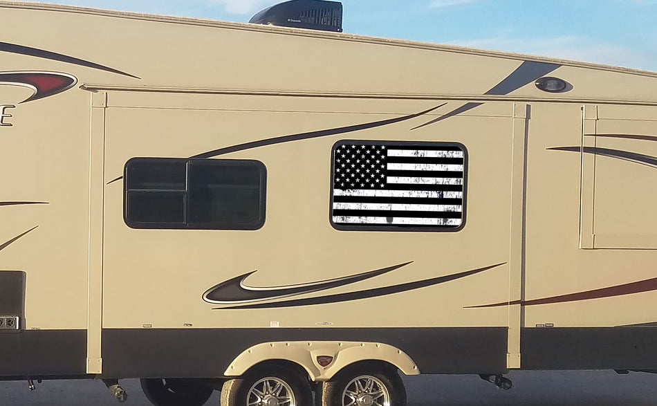 Subdued US Flag Universal RV Camper or 5th Wheel Window 50/50 Perforated Vinyl Decal