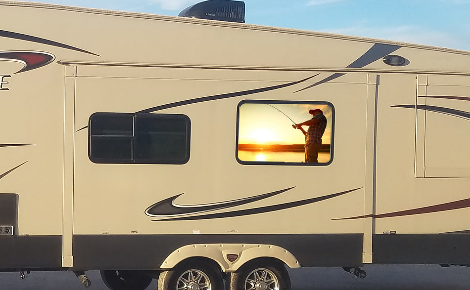 Gone Fishing Universal RV Camper or 5th Wheel Window 50/50 Perforated Vinyl Decal