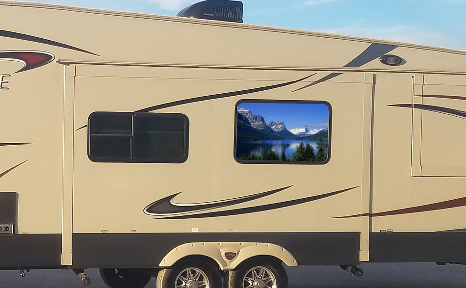 Mountain Scene Universal RV Camper or 5th Wheel Window 50/50 Perforated Vinyl Decal