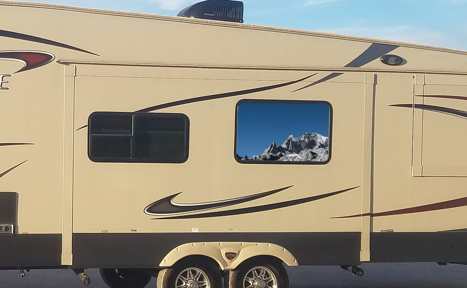 Snow Mountain Scene Universal RV Camper or 5th Wheel Window 50/50 Perforated Vinyl Decal