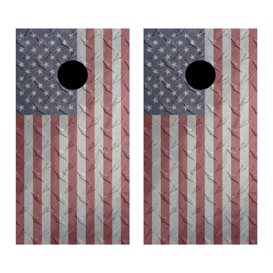American Flag Diamond Plate Custom Vinyl Cornhole Wrap
