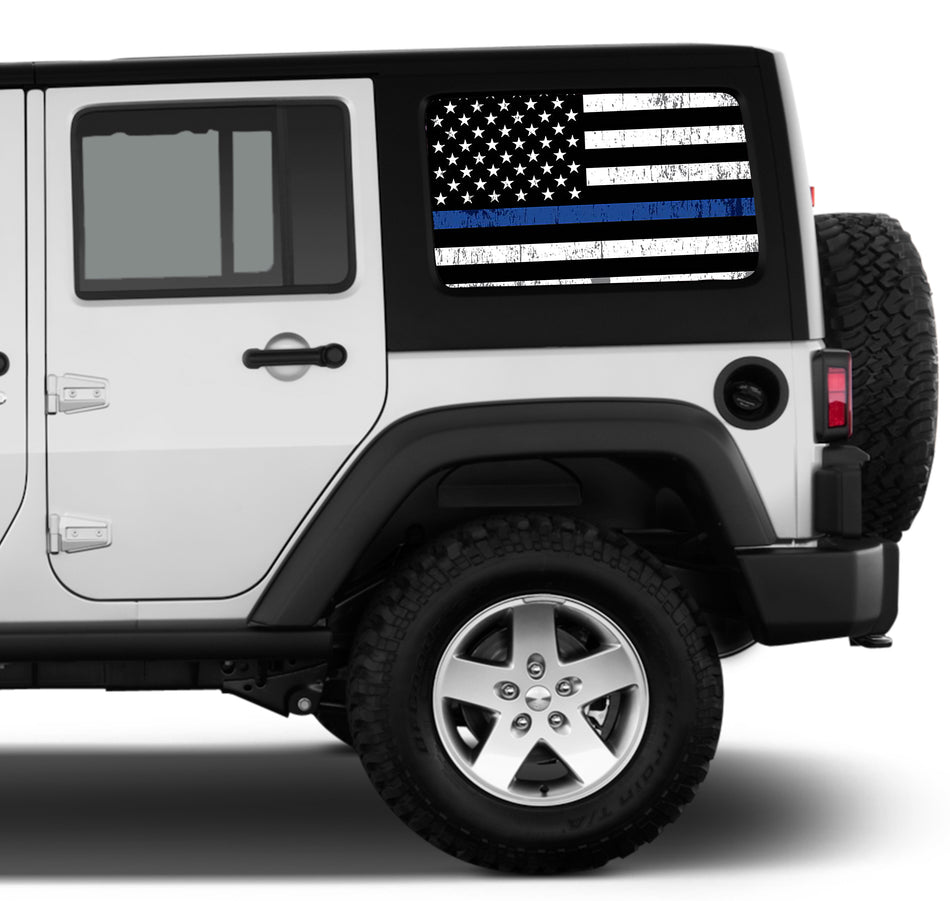 Universal Thin Blue Line American Flag Window Tint Perforated Vinyl Fits: Jeep 2/4 Door Hard Top