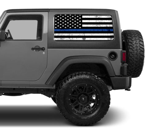 Universal Thin Blue Line American Flag Window Tint Perforated Vinyl Fits: Jeep 2/4 Door Hard Top