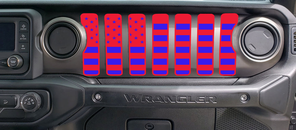 2 Color American Flag Dash grill decal Fits: 2018 & up Jeep Wrangler JL JT Sahara Altitude 0464