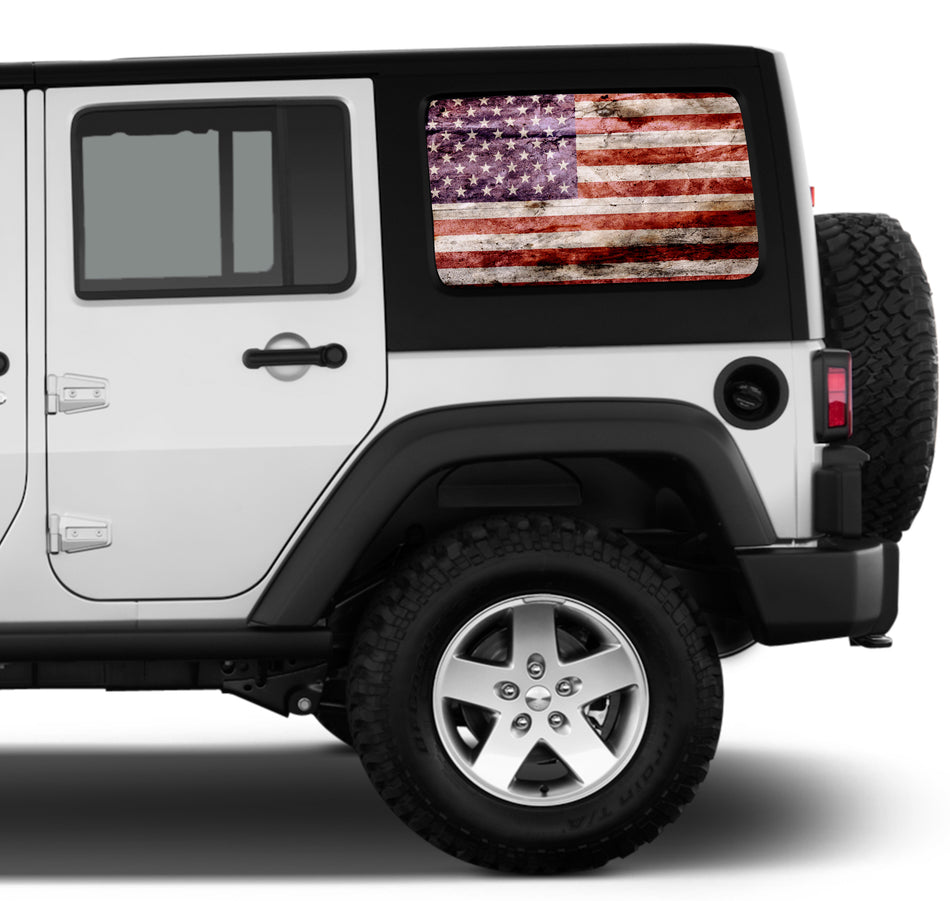 Universal Distressed American Flag Window Tint Perforated Vinyl Fits: Jeep 2/4 Door Hard Top