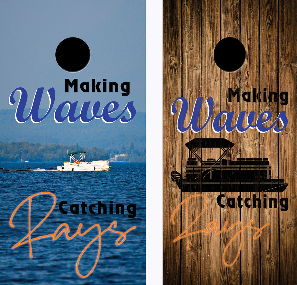Making Waves Pontoon Boat on the Lake Custom Cornhole Vinyl Wrap