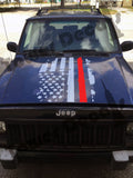 Distressed American Flag Thin Red Line Hood Decal Fire, Fits Jeeps and Trucks