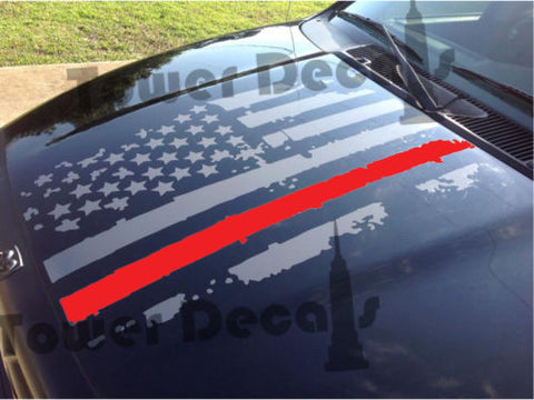 Distressed American Flag Thin Red Line Hood Decal Fire, Fits Jeeps and Trucks