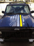 Distressed American Flag Thin Yellow Line Hood Decal Army, Fits Jeeps and Trucks
