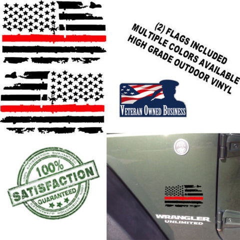 (2) Distressed Thin RED Line USA Flags Vinyl Decals